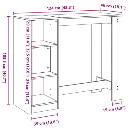 barbord med hylde 124x46x103,5 cm konstrueret træ brun egetræ