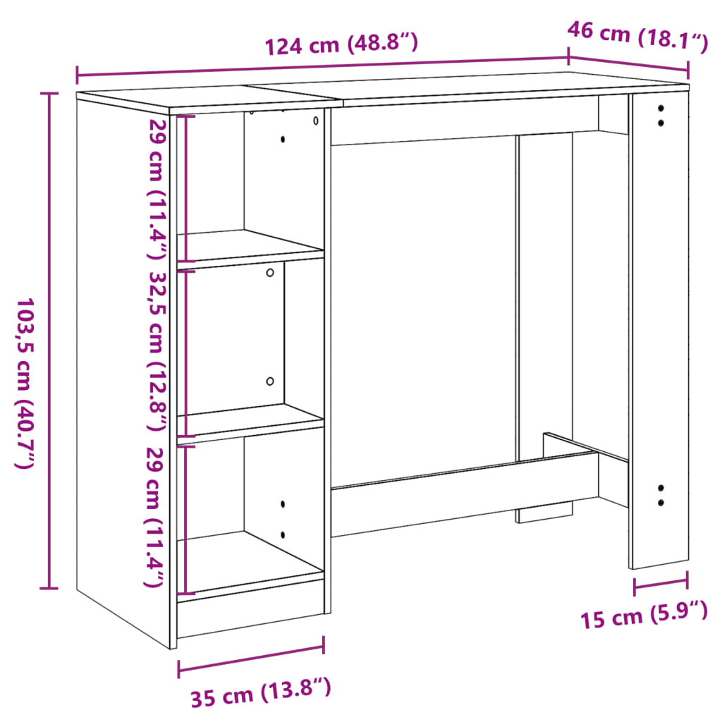 barbord med hylde 124x46x103,5 cm konstrueret træ gammelt træ