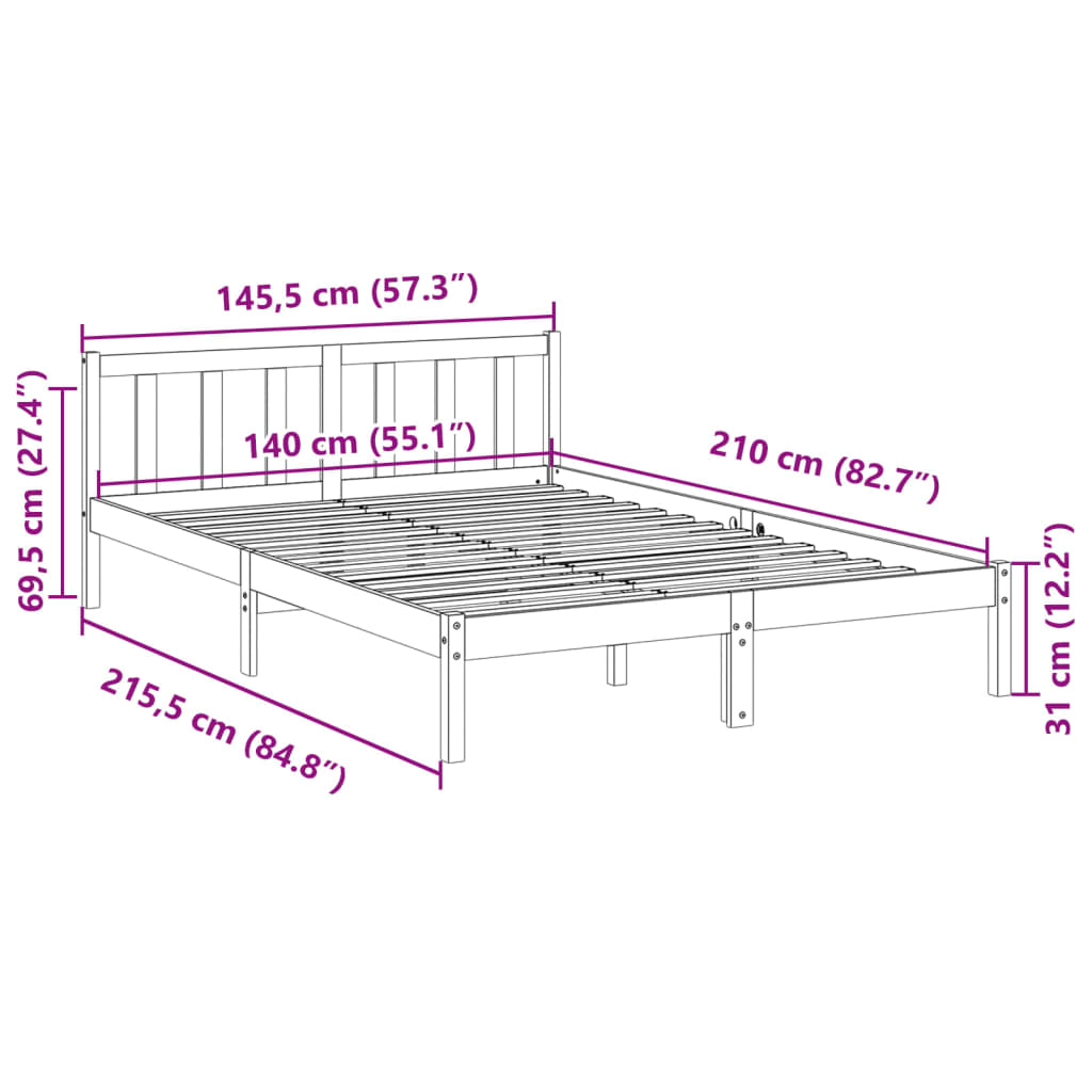 ekstra lang sengeramme uden madras 140x210 cm massivt fyrretræ