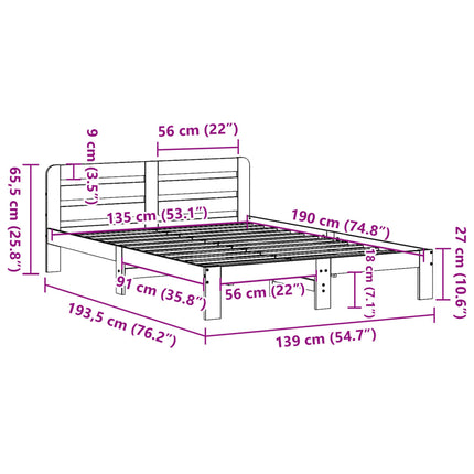 sengeramme uden madras 135x190 cm massivt fyrretræ brun