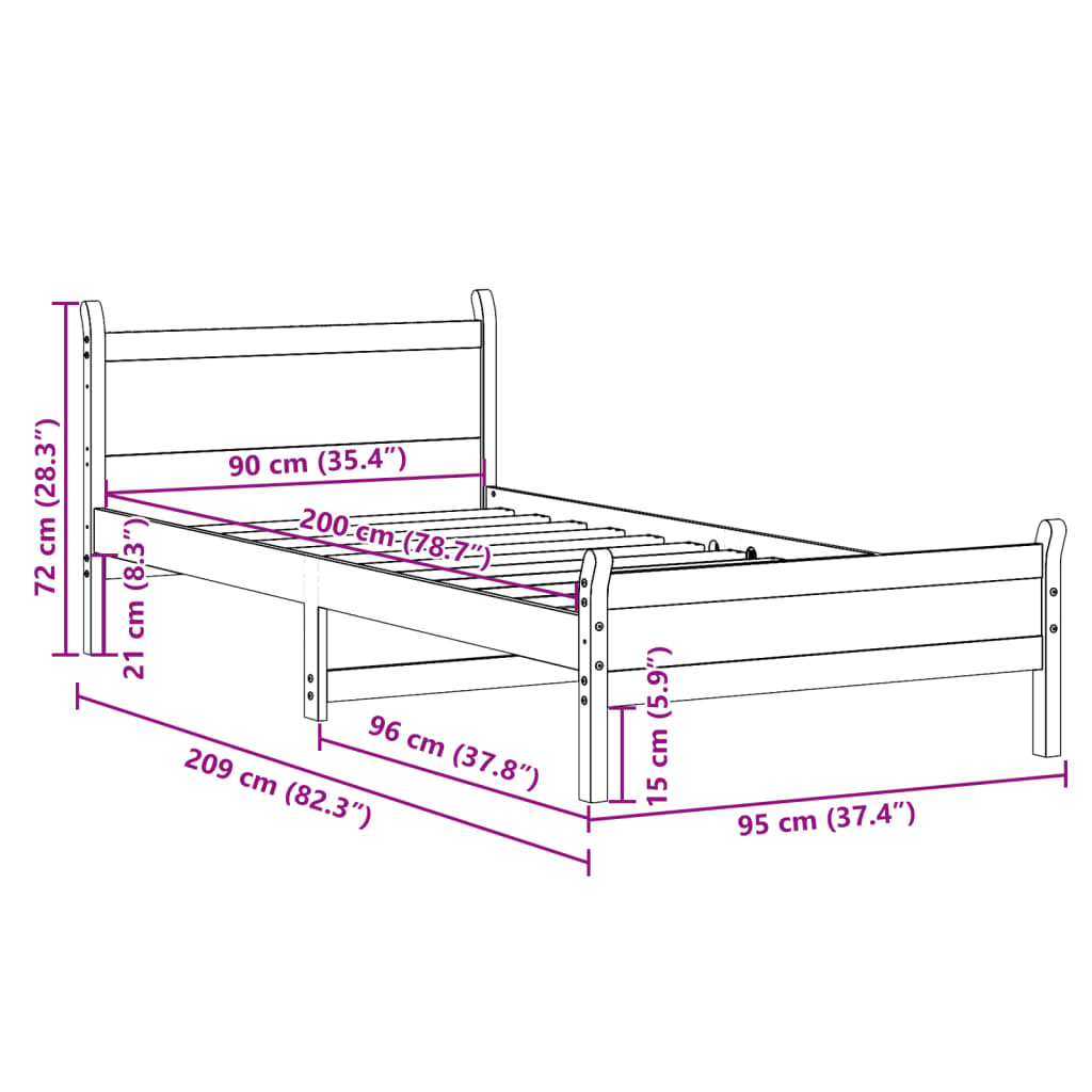 sengeramme uden madras 90x200 cm massivt fyrretræ