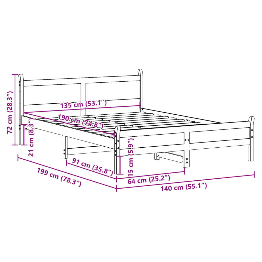 sengeramme uden madras 135x190 cm massivt fyrretræ brun