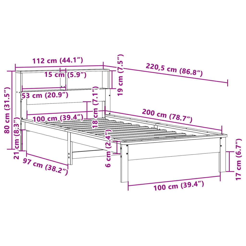 seng med reol uden madras 100x200 cm massivt fyrretræ