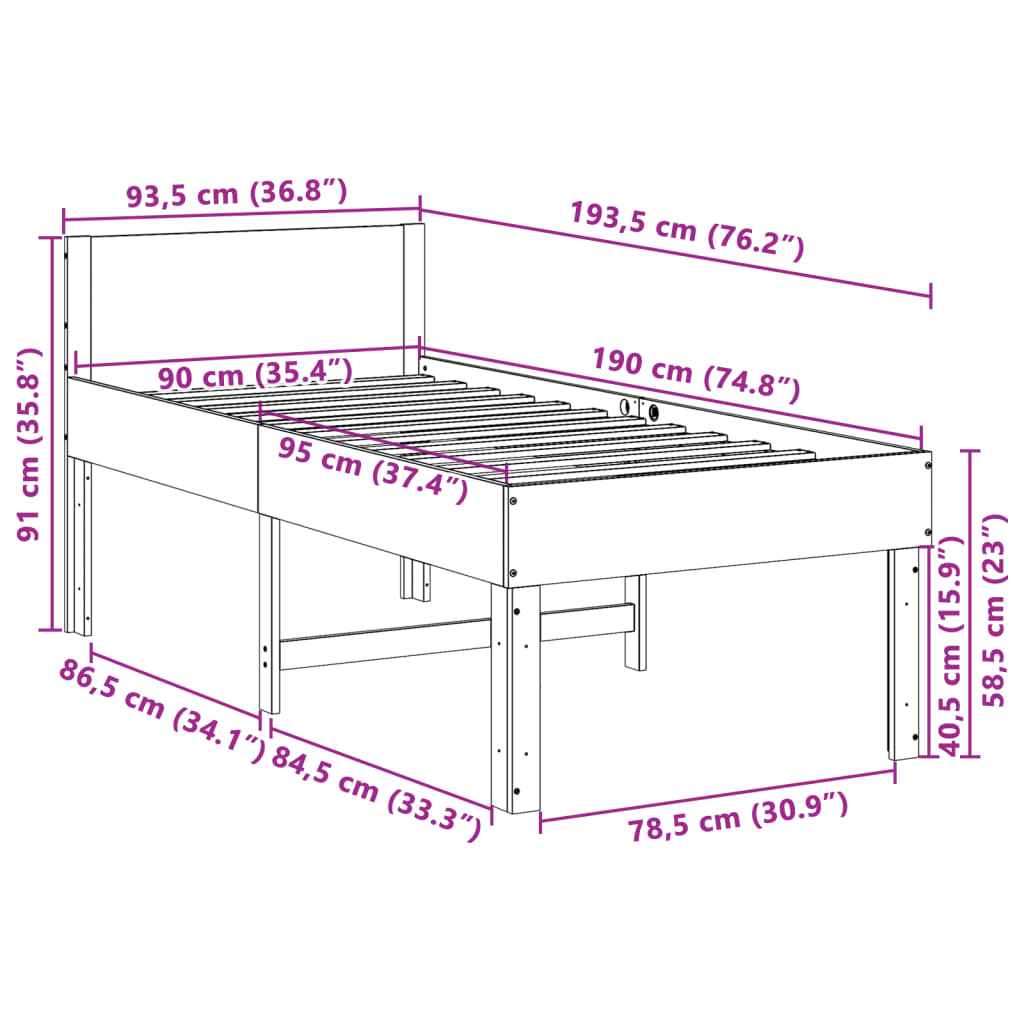 sengeramme uden madras 90x190 cm massivt fyrretræ