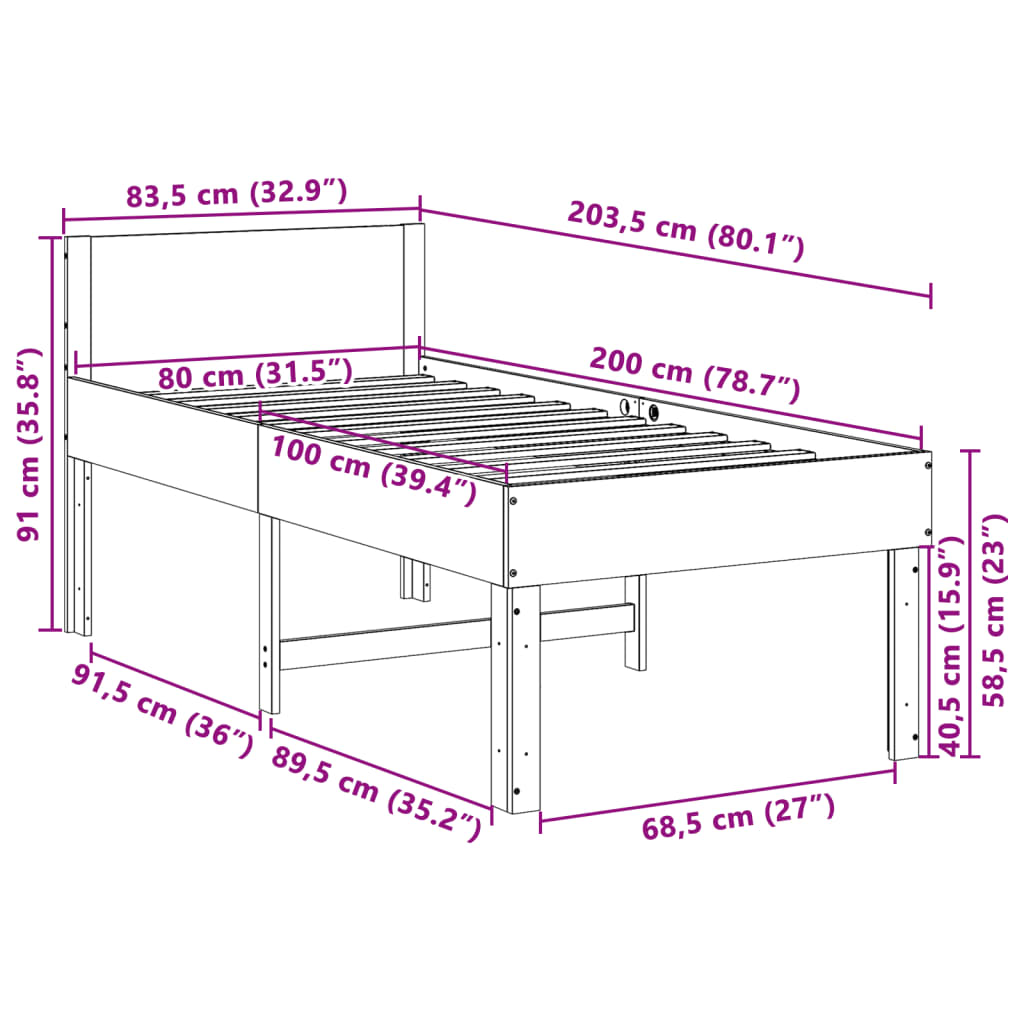 sengeramme uden madras 80x200 cm massivt fyrretræ