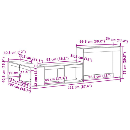 sengebord med skrivebord 222x107x75 cm massivt fyrretræ hvid