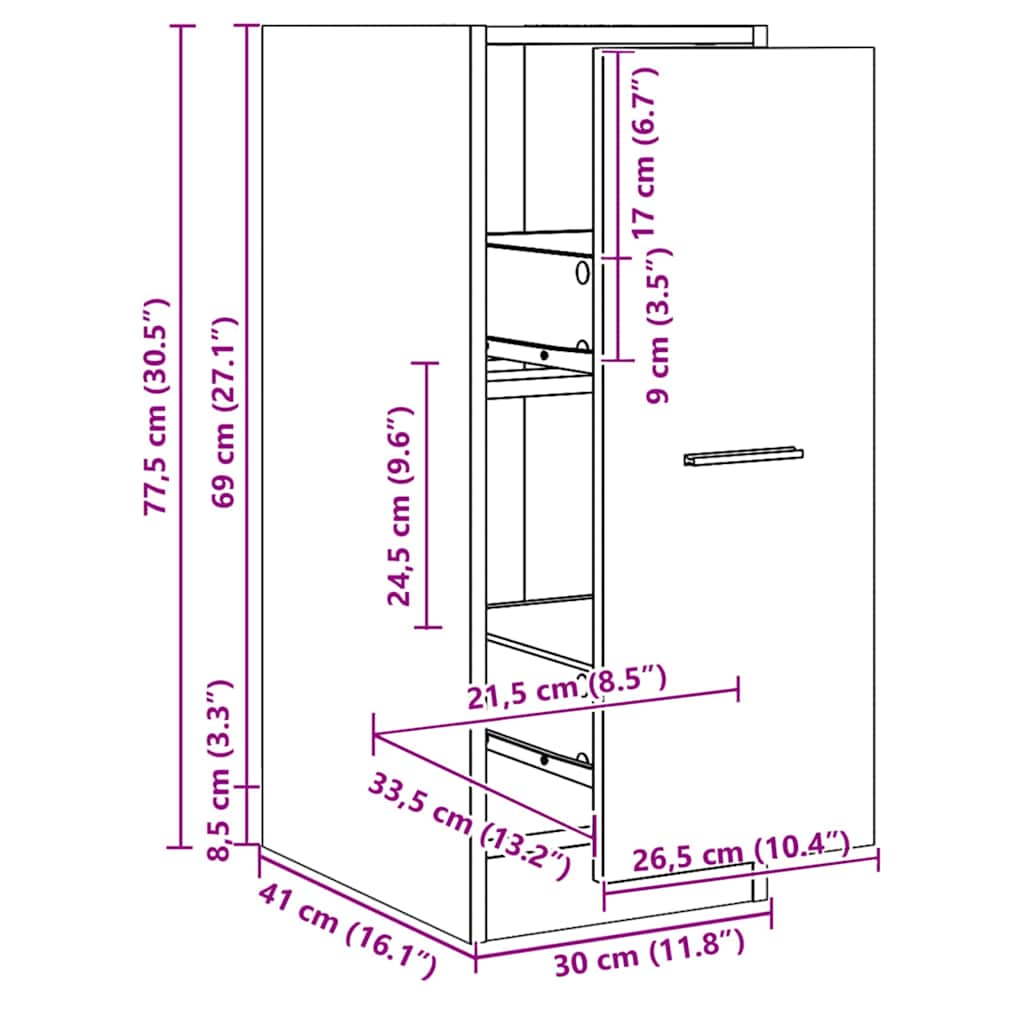apotekerskab 30x41x77,5 cm konstrueret træ egetræsfarve
