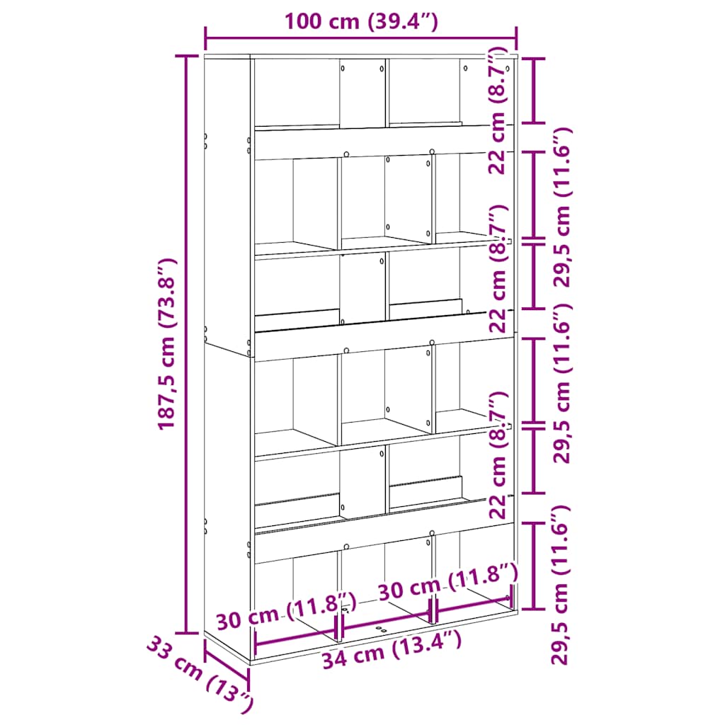 bogreol 100x33x187,5 cm konstrueret træ kunsteg