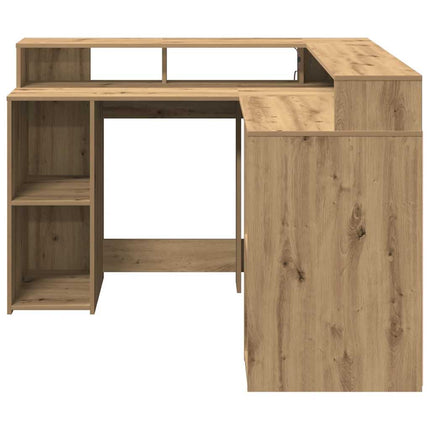 skrivebord med LED-lys 130x130x91 cm konstrueret træ gammelt eg
