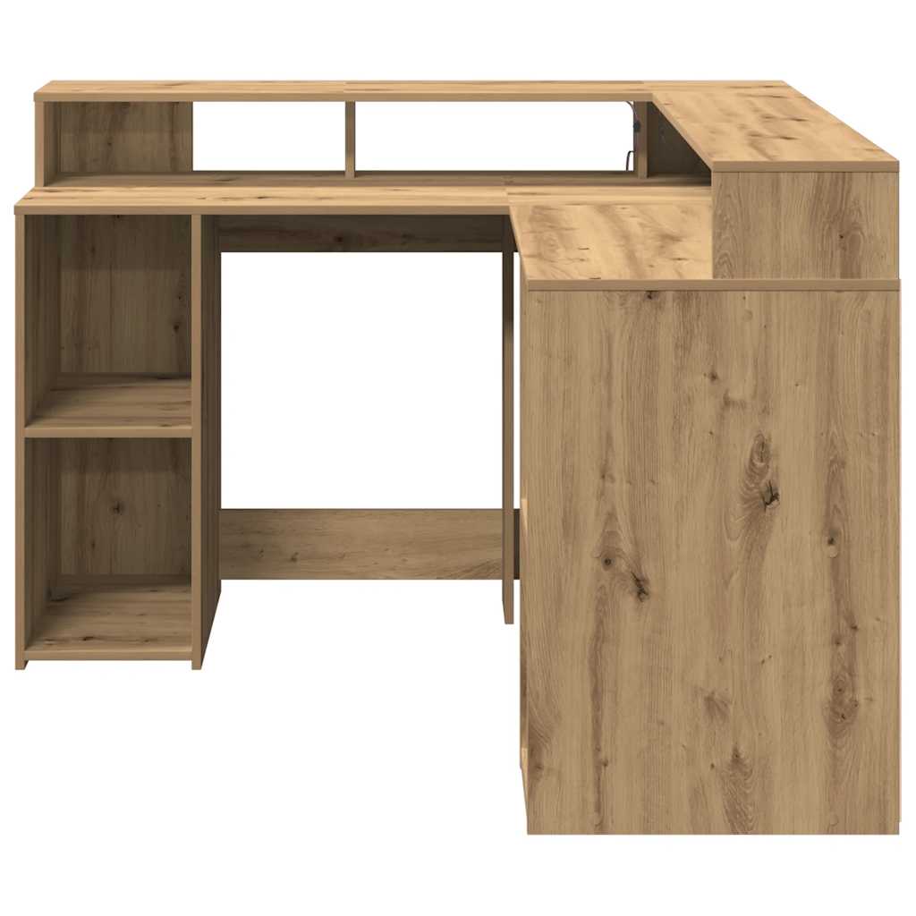 skrivebord med LED-lys 130x130x91 cm konstrueret træ gammelt eg