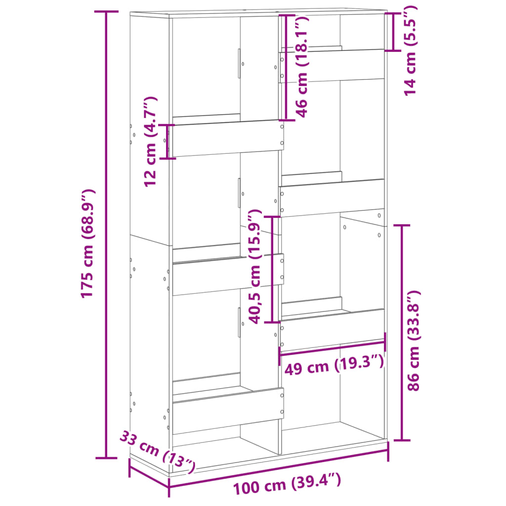 rumdeler 100x33x175 cm konstrueret træ betongrå