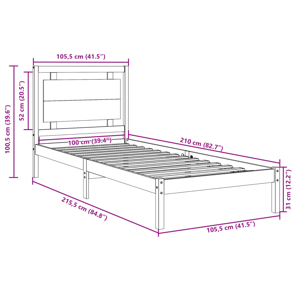 ekstra lang sengeramme uden madras 100x210 cm massivt træ