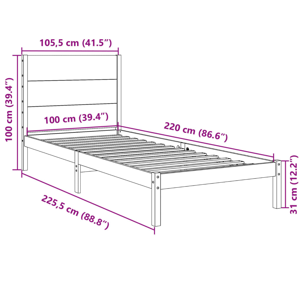 ekstra lang sengeramme uden madras 100x220 cm massivt træ