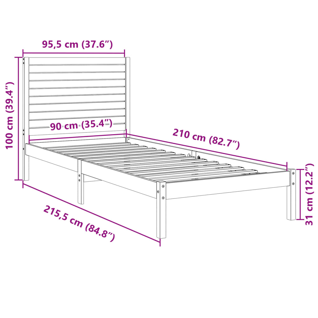 ekstra lang sengeramme uden madras 90x210 cm massivt træ