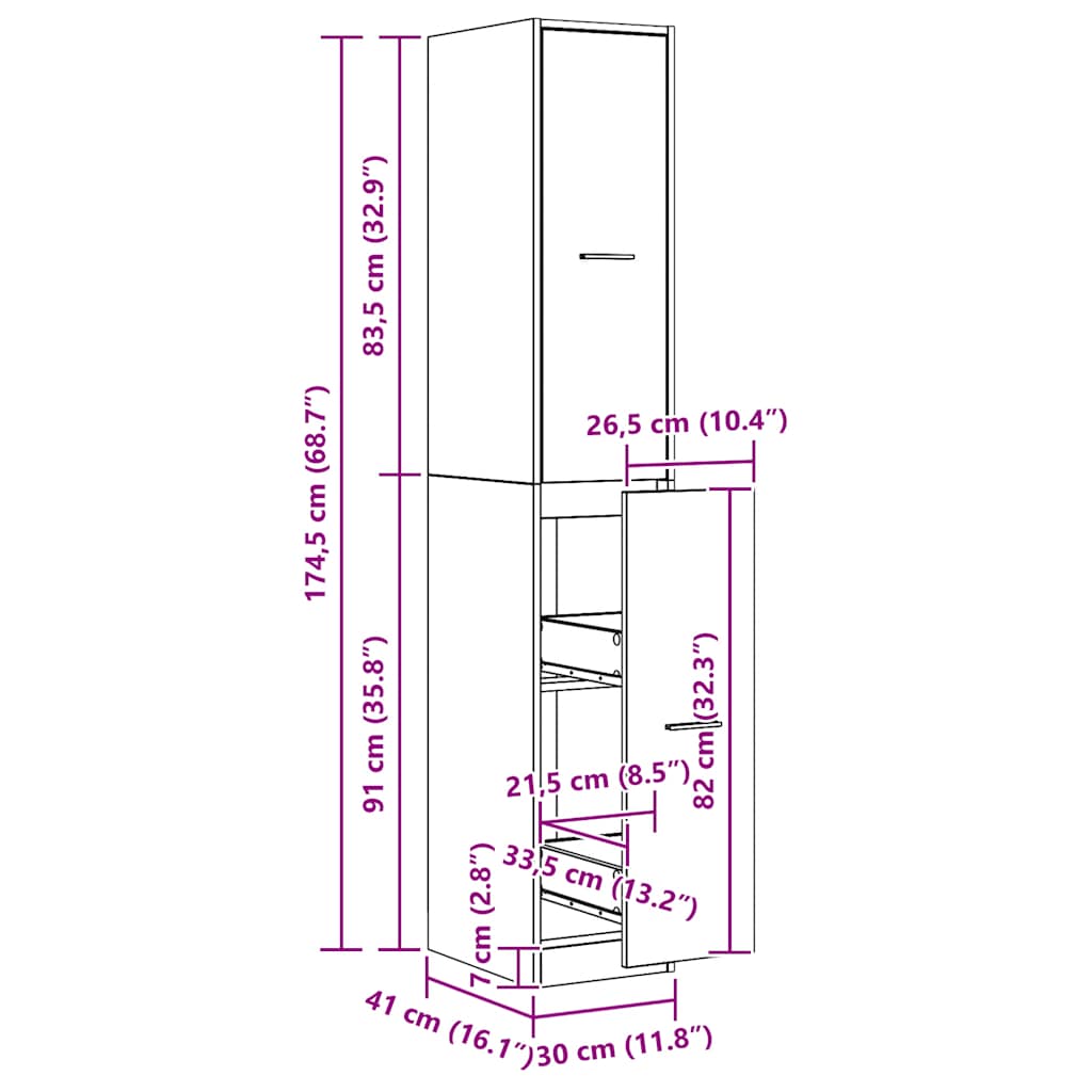 apotekerskab 30x41x174,5 cm konstrueret træ egetræsfarve