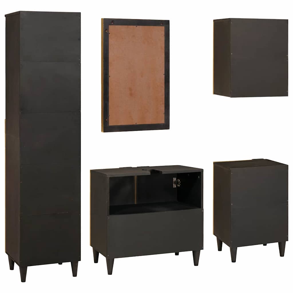 Badeværelsesskabsæt med dør 5 pcs Sort og Guld Massivt mangotræ