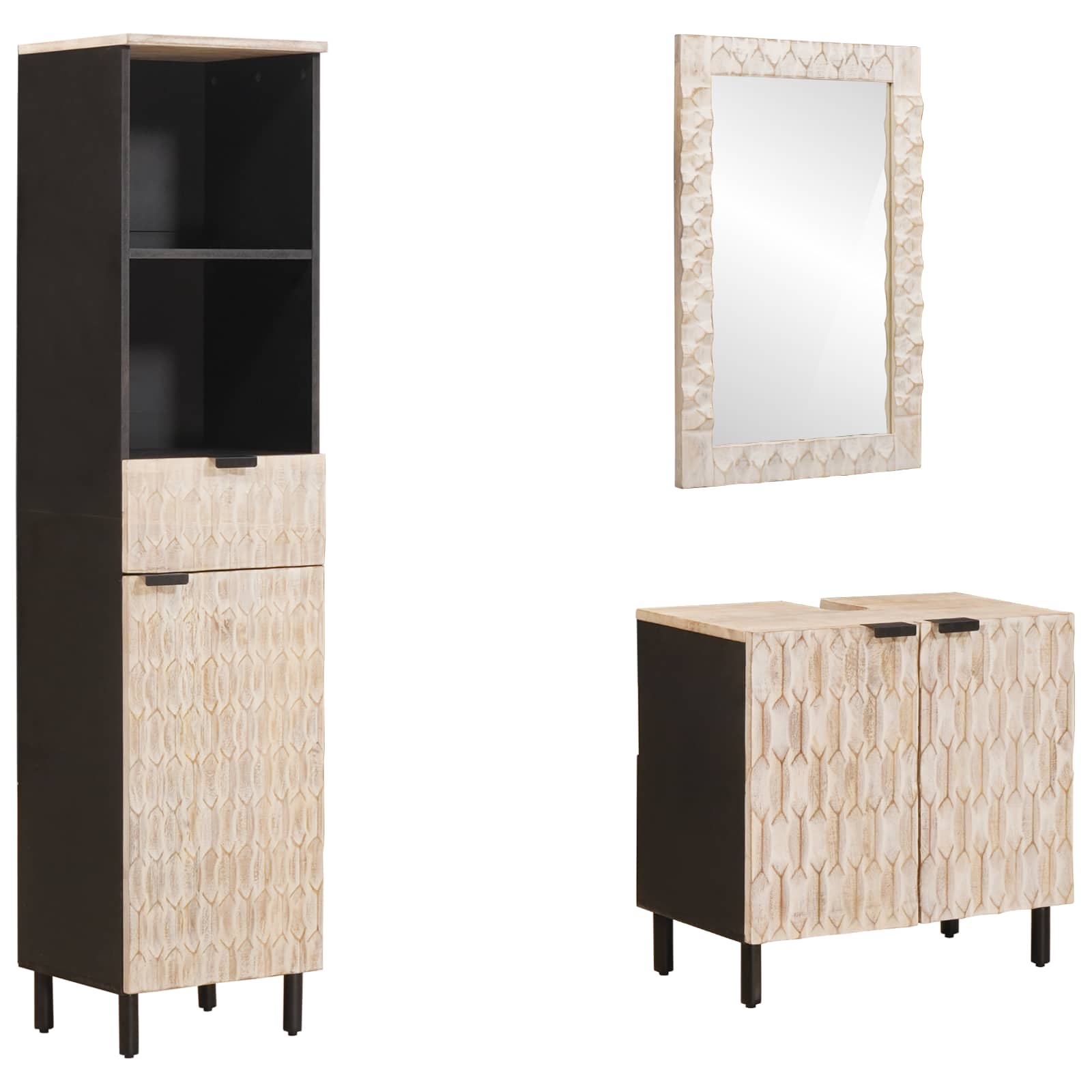 Badeværelsessæt med dør 3 pcs Hvid Vask Finish Massivt mangotræ