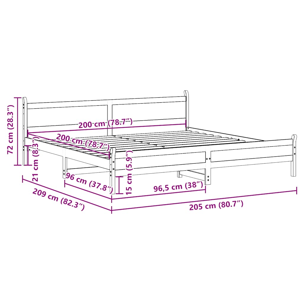 sengeramme uden madras 200x200 cm massivt fyrretræ hvid