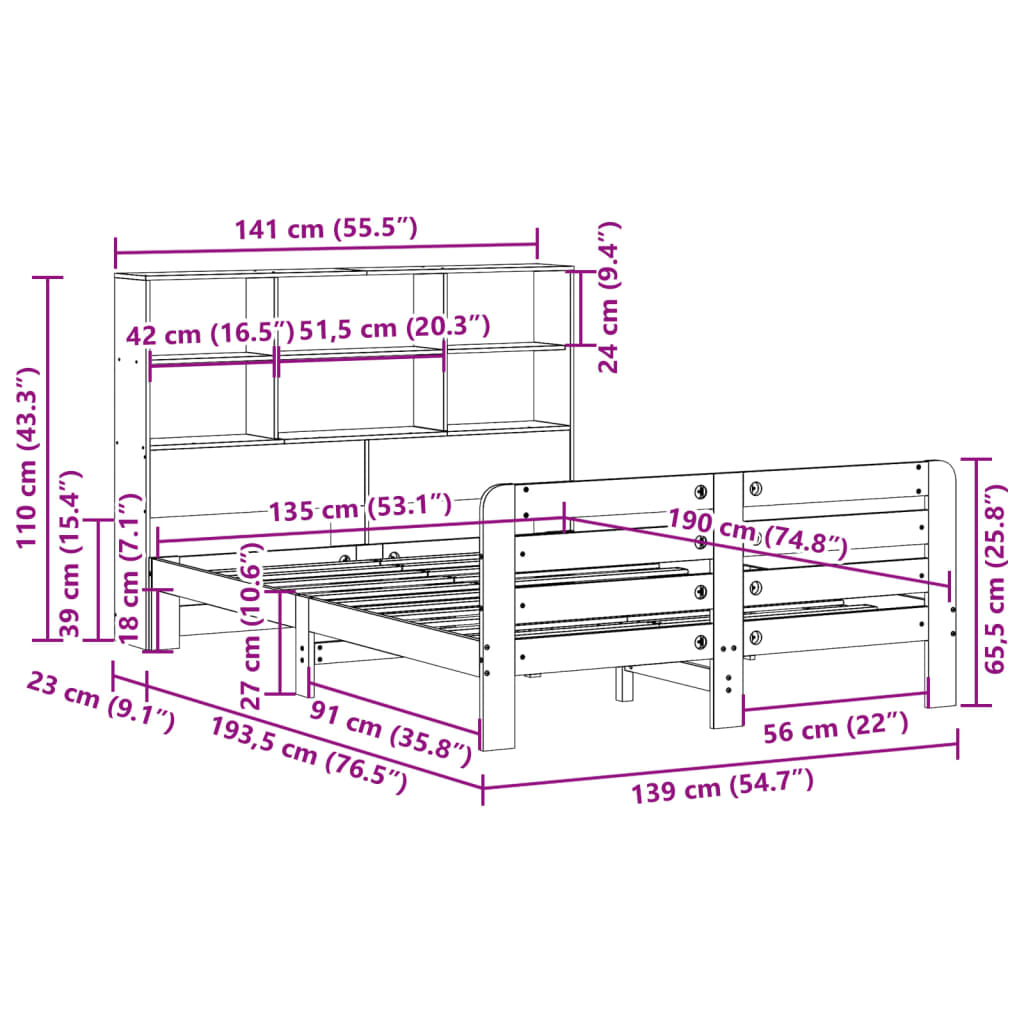 sengeramme uden madras 135x190 cm massivt fyrretræ brun