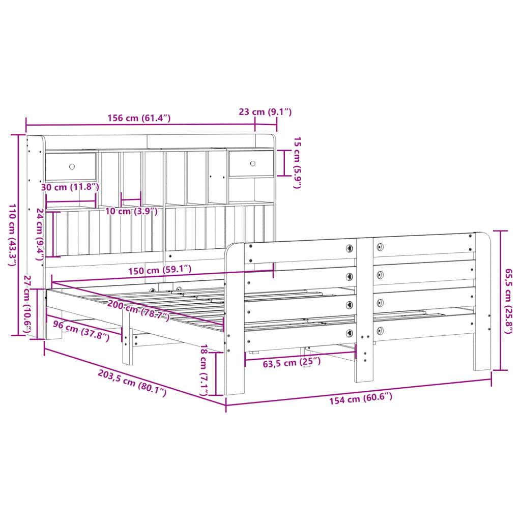 seng med reol uden madras 150x200 cm massivt fyrretræ hvid