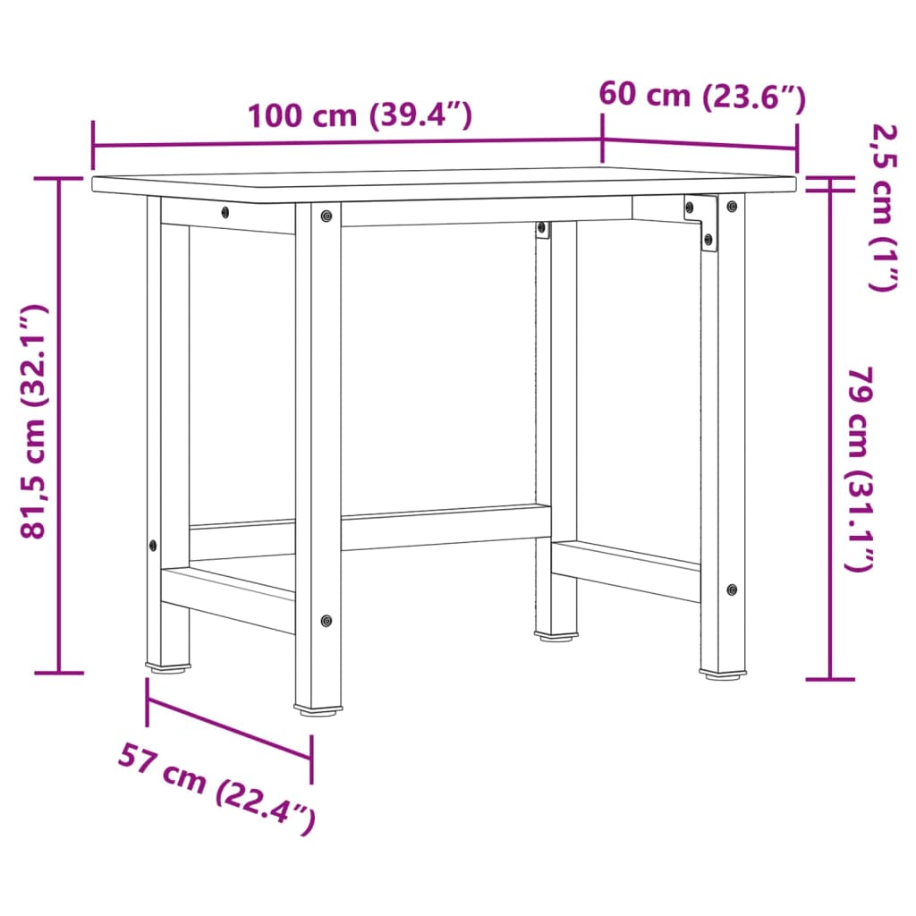 arbejdsbænk 100x60x81,5 cm massivt egetræ rektangulær lysebrun