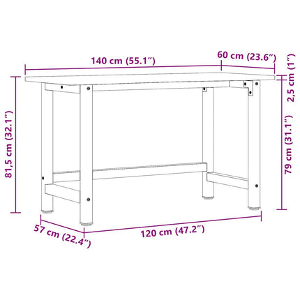 arbejdsbænk 140x60x81,5 cm massivt egetræ rektangulær mørkebrun