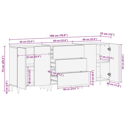 Opbevaringsskabe 3 stk. 180 x 33 x 75 cm Massivt mangotræ