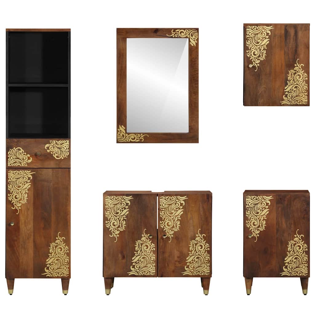 Badeværelsesskabsæt med dør 5 pcs Honningbrun Massivt mangotræ