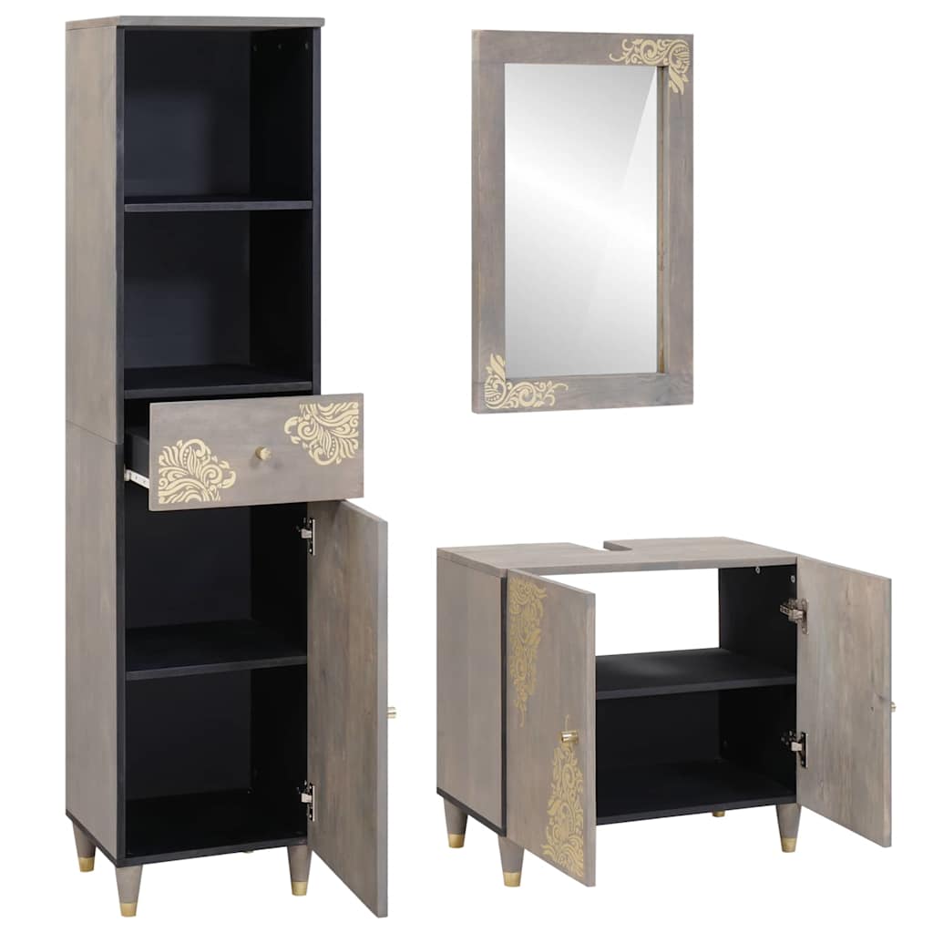 Badeværelsesskabsæt med skuffe 3 pcs Grå Massivt mangotræ