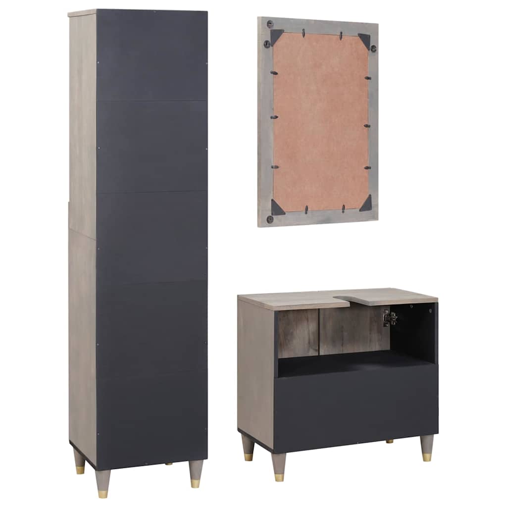 Badeværelsesskabsæt med skuffe 3 pcs Grå Massivt mangotræ