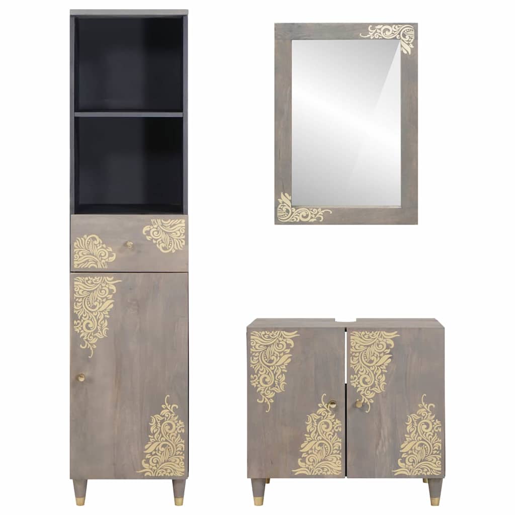 Badeværelsesskabsæt med skuffe 3 pcs Grå Massivt mangotræ