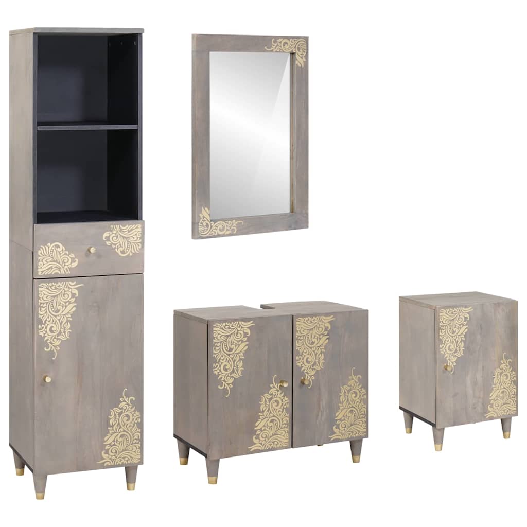 Badeværelsesskabsæt med skuffe 4 pcs Grå Massivt mangotræ billede