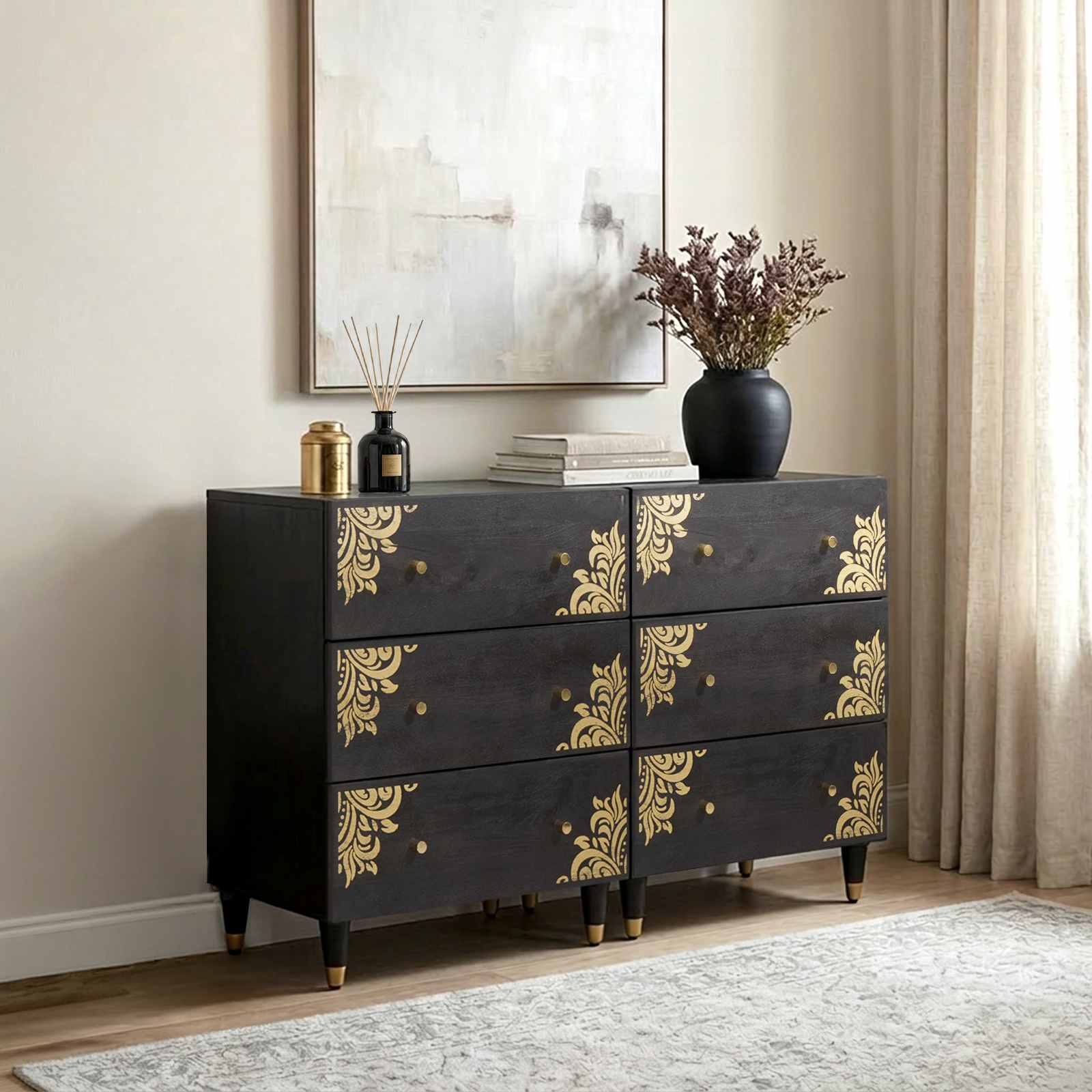 Sideboard med hylde 2 pcs Sort 60 x 33 x 75 cm Massivt mangotræ