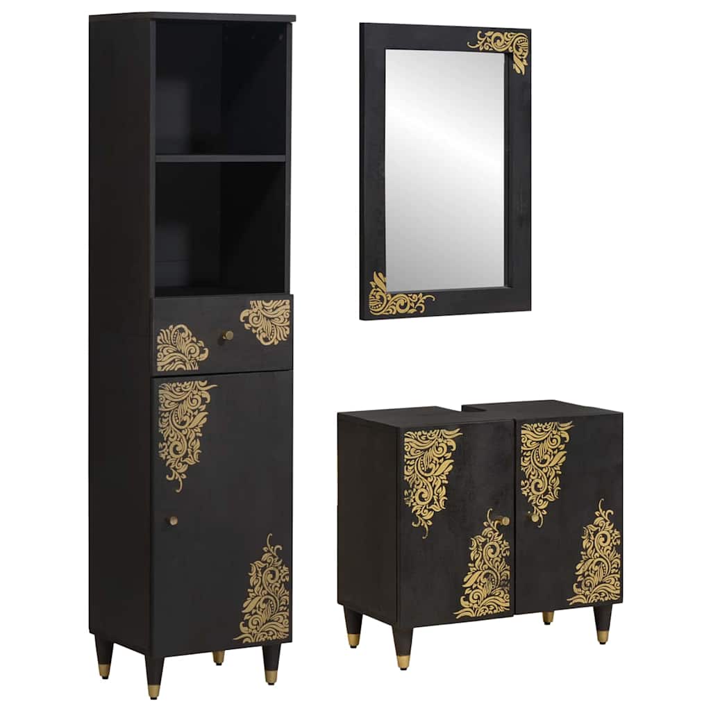 Badeværelsesskabsæt med skuffe 3 pcs Sort Massivt mangotræ