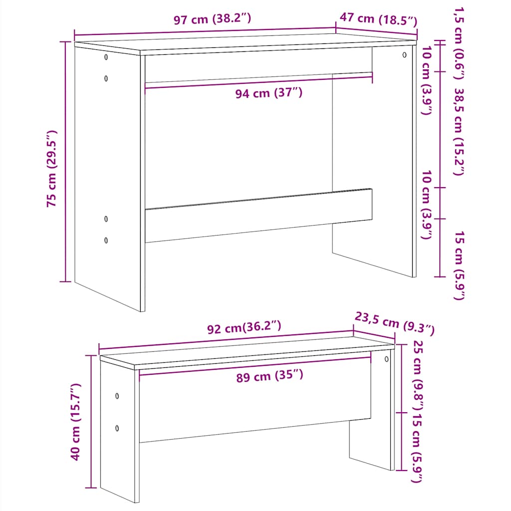 spisebord og bænke 3 dele konstrueret træ hvid