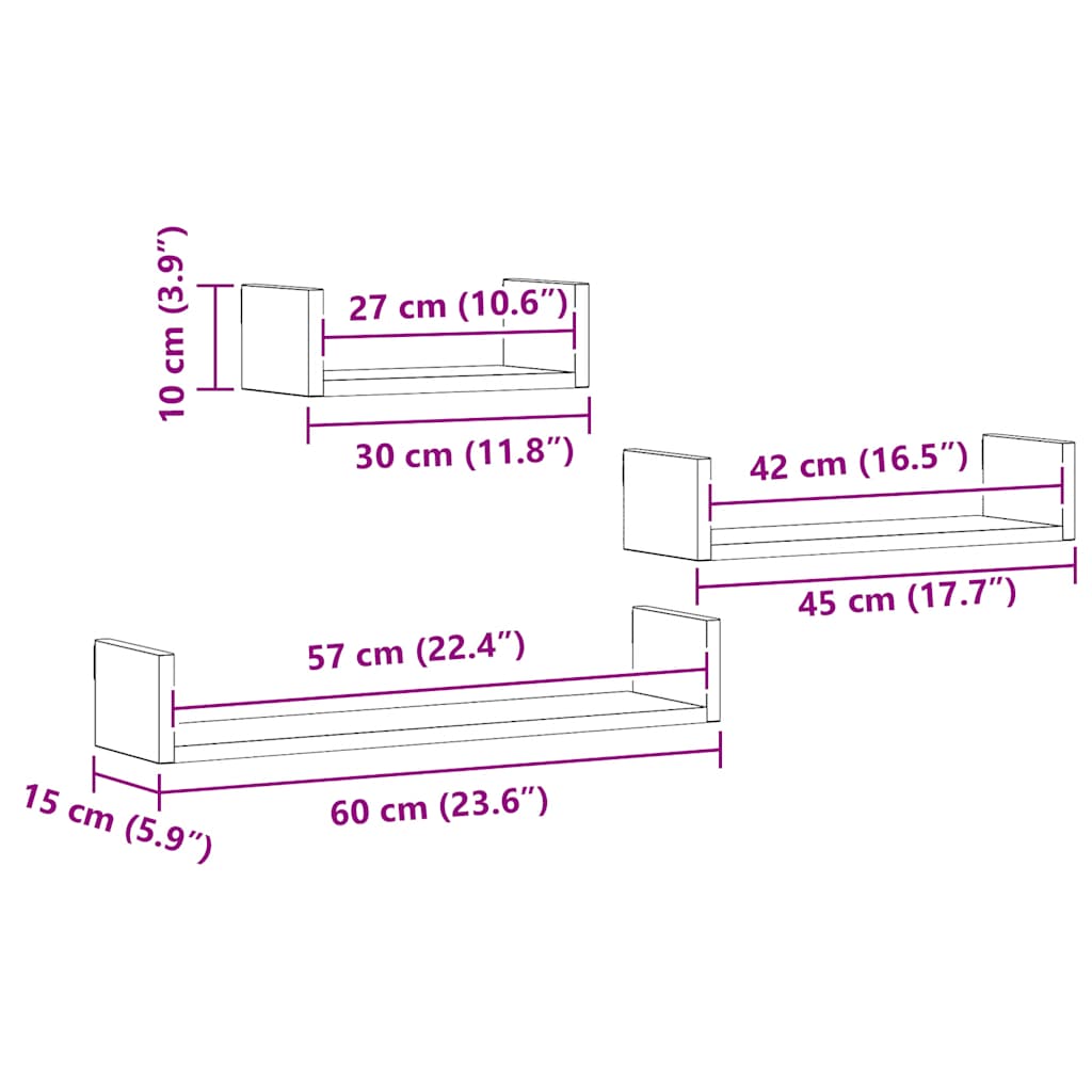 væghylder 3 stk. konstrueret træ kunsteg