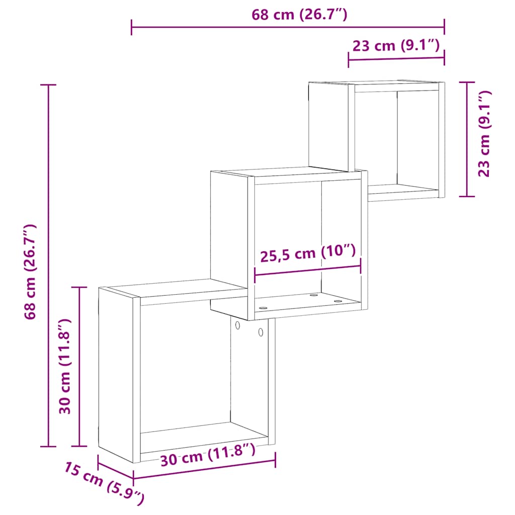 væghylder 68x15x68 cm kubeformet konstrueret træ kunsteg