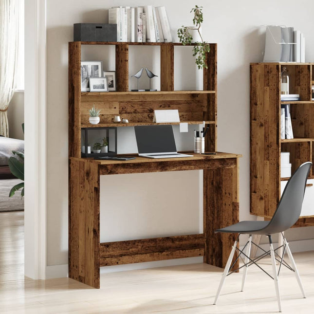 skrivebord m. hylder 102x45x148 cm konstrueret træ antikt træ