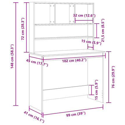 skrivebord m. hylder 102x45x148 cm konstrueret træ antikt træ