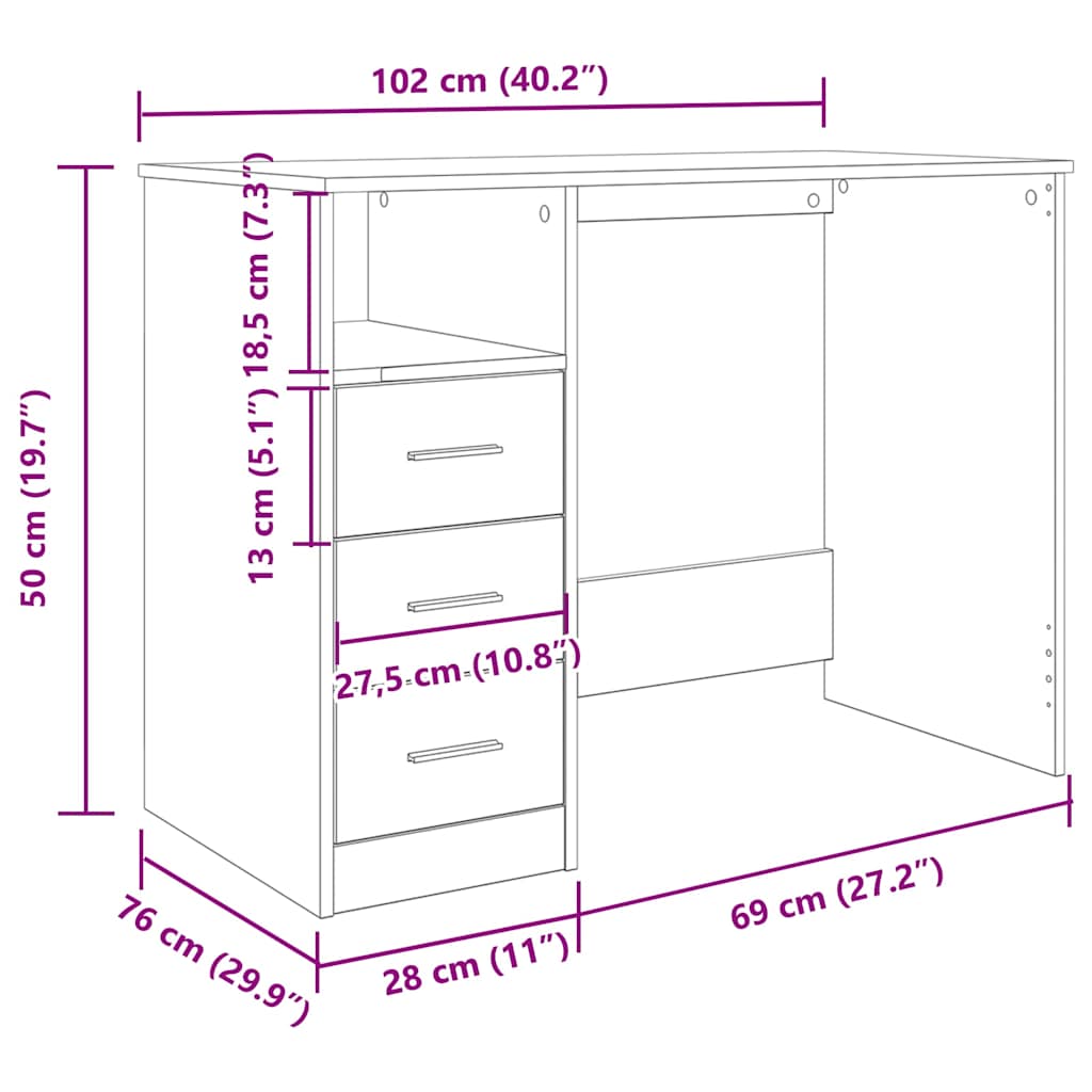 skrivebord 102x50x76 cm konstrueret træ antikt trælook