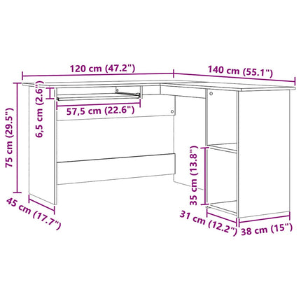 hjørneskrivebord 120x140x75 cm konstrueret træ artisan egetræ