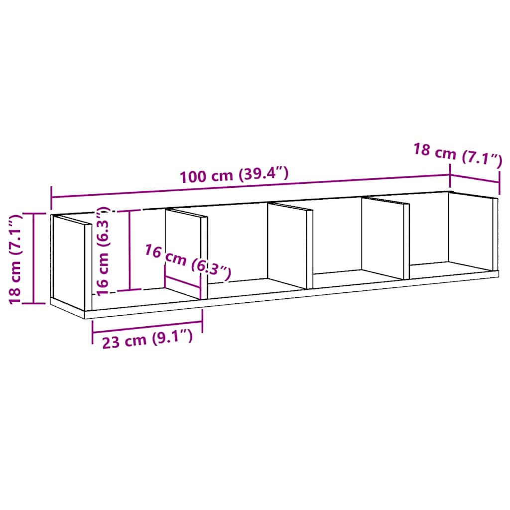 væghylde til cd'er 100x18x18 cm konstrueret træ kunsteg