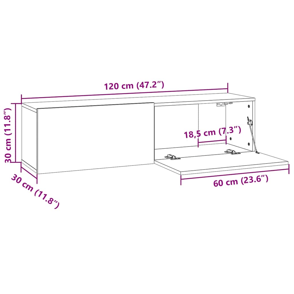 væghængt tv-bord 120x30x30 cm konstrueret træ gammelt træ-look