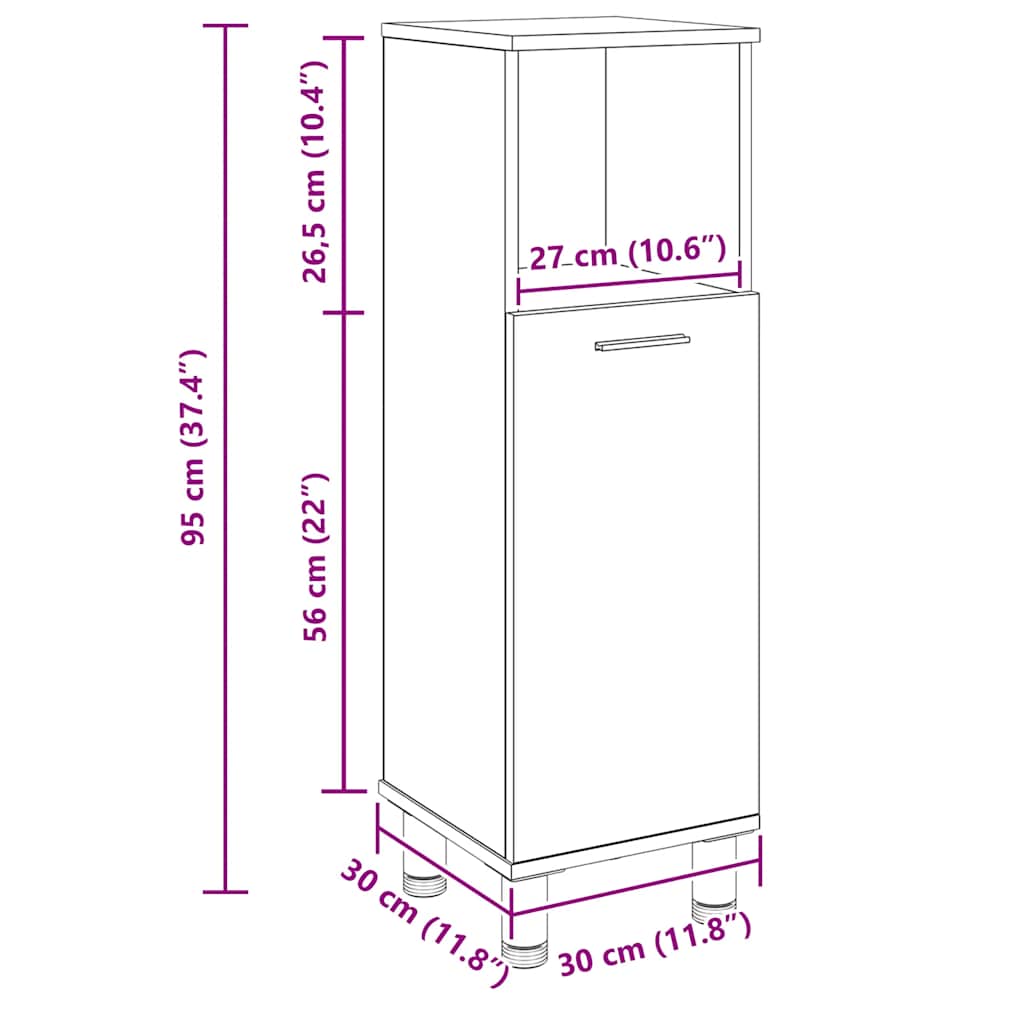 badeværelsesskab 30x30x95 cm konstrueret træ egetræsfarvet