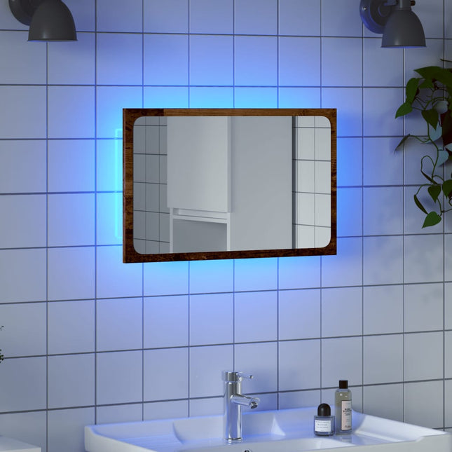 badeværelsesspejl med LED-lys 60x8,5x38 cm antikt træ