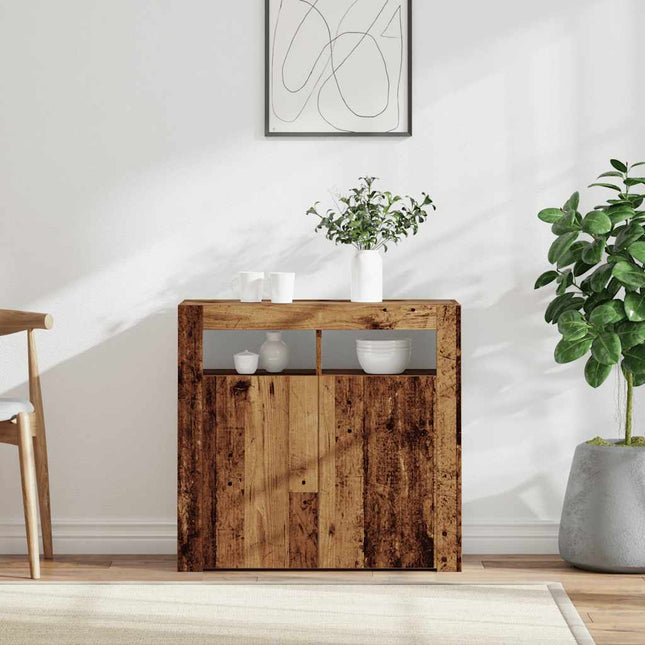 skænk med LED-lys 80x35x75 cm konstrueret træ antikt træ