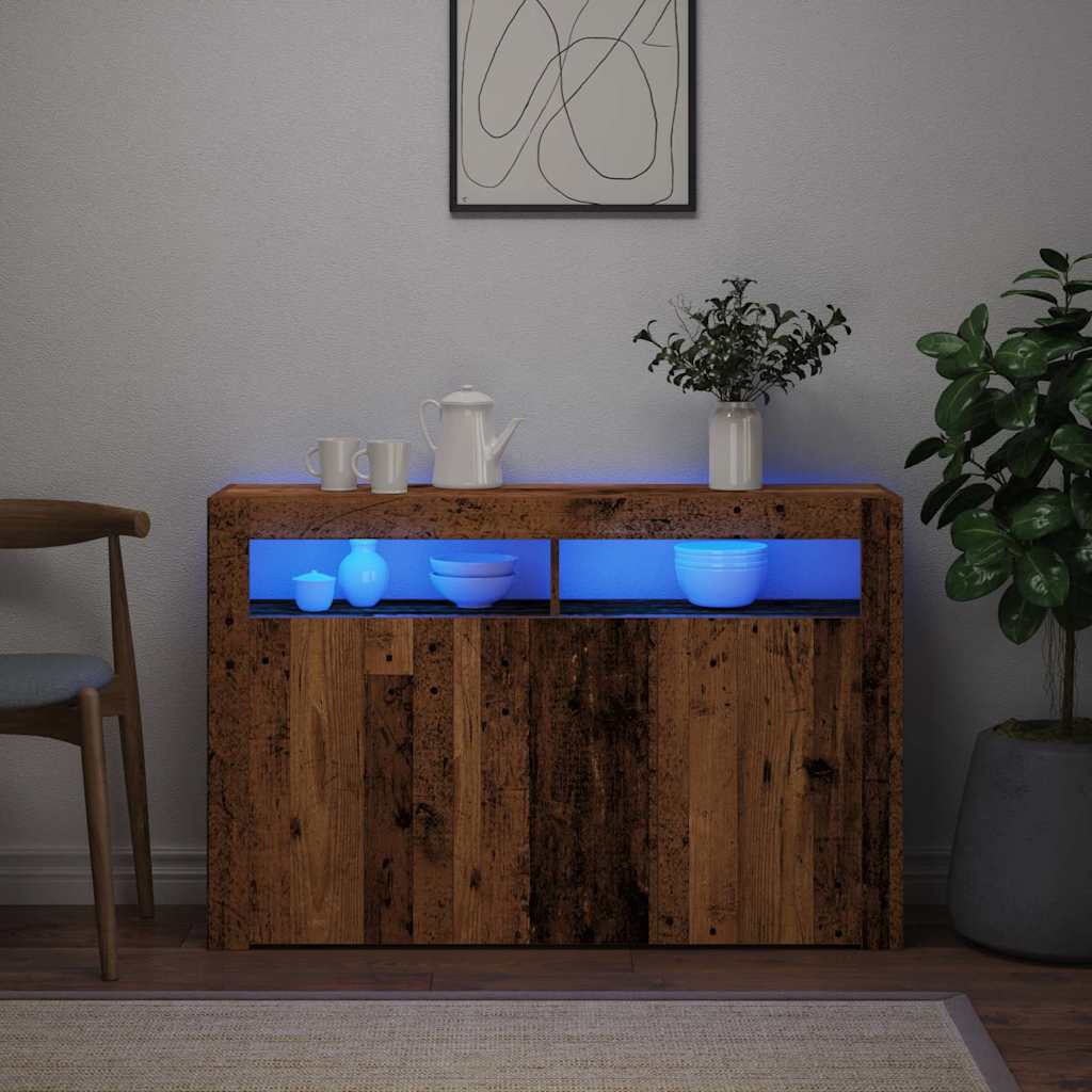 skænk med LED-lys 115,5x30x75 cm konstrueret træ antikt træ