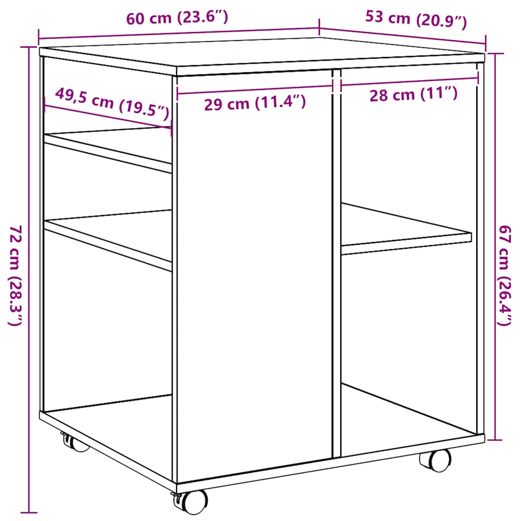 rullebord 60x53x72 cm konstrueret træ kunsteg
