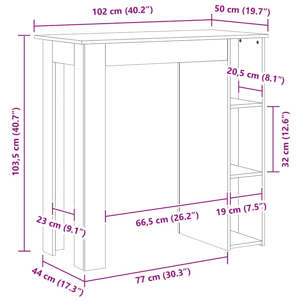 barbord med hylde 102x50x103,5 cm konstrueret træ antikt træ