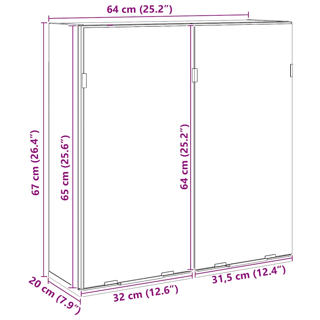 badeværelsesskab med spejl 64x20x66,5cm konstrueret træ kunsteg